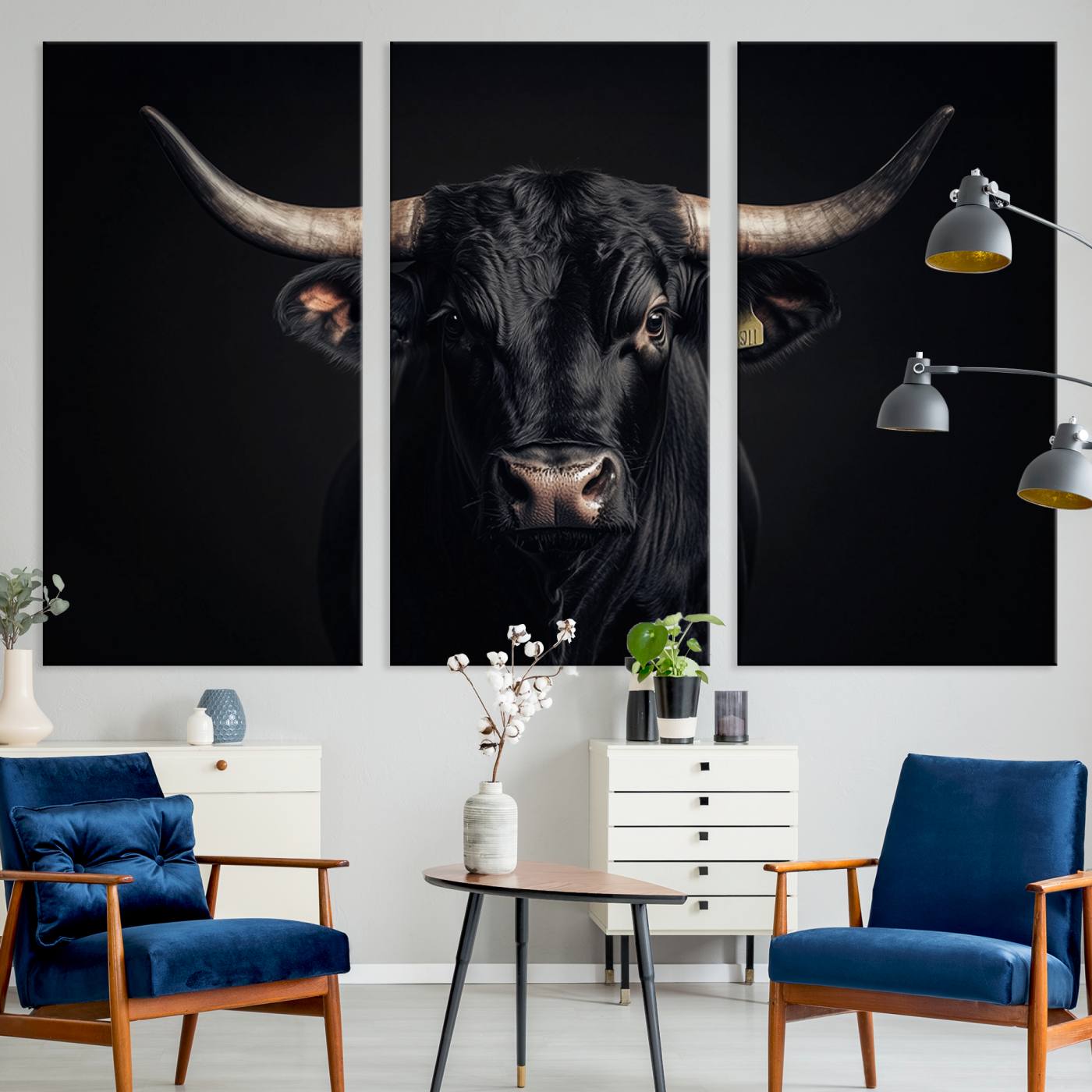 Canvas featuring a black horned bull in moody lighting on a dark background, perfect for western or rustic farmhouse-style home decor.
