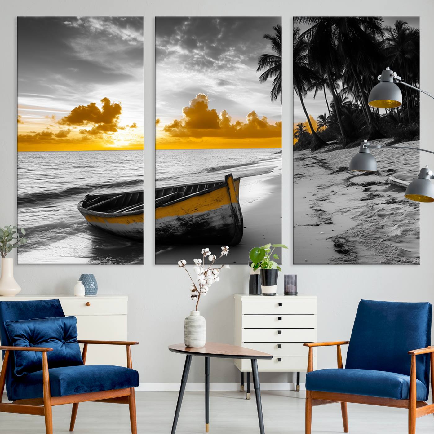 Canvas of a yellow rowboat on a black and white tropical beach with golden sunset sky, ideal for coastal or tropical-themed home decor.