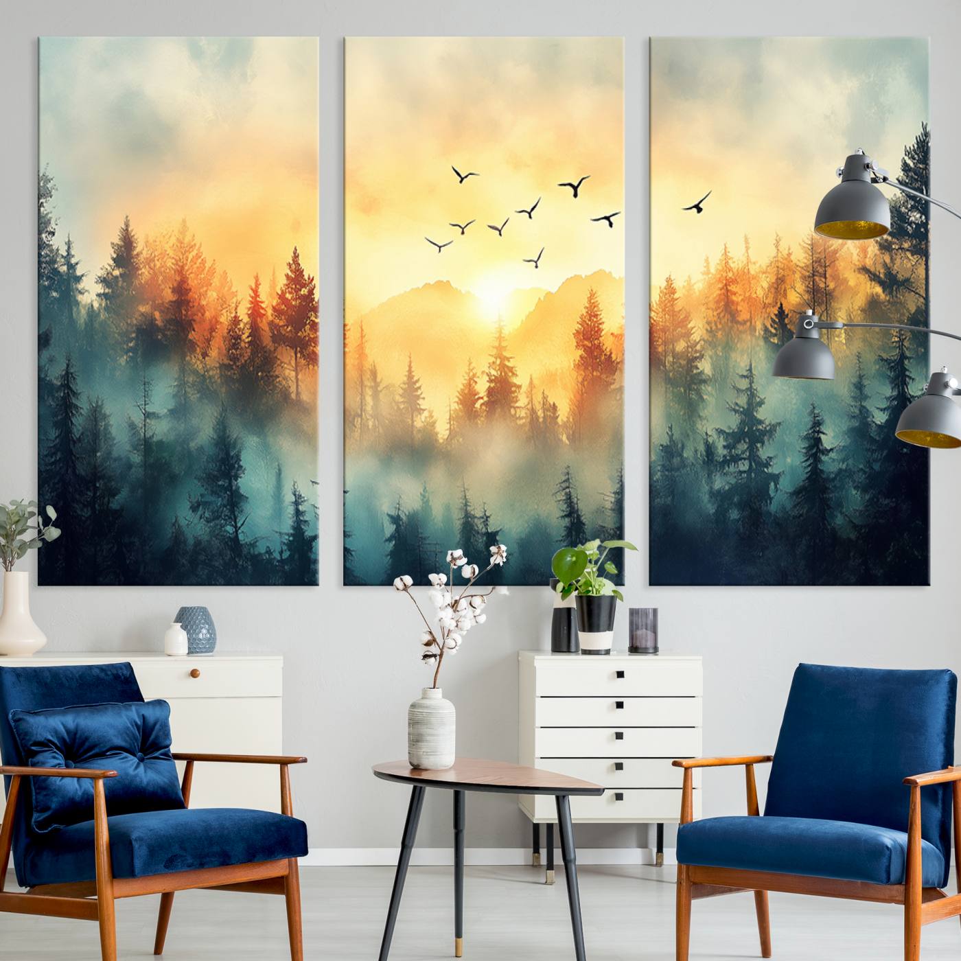 Canvas of a misty pine forest at sunrise with golden light and birds flying across the sky, perfect for tranquil nature-themed wall decor.