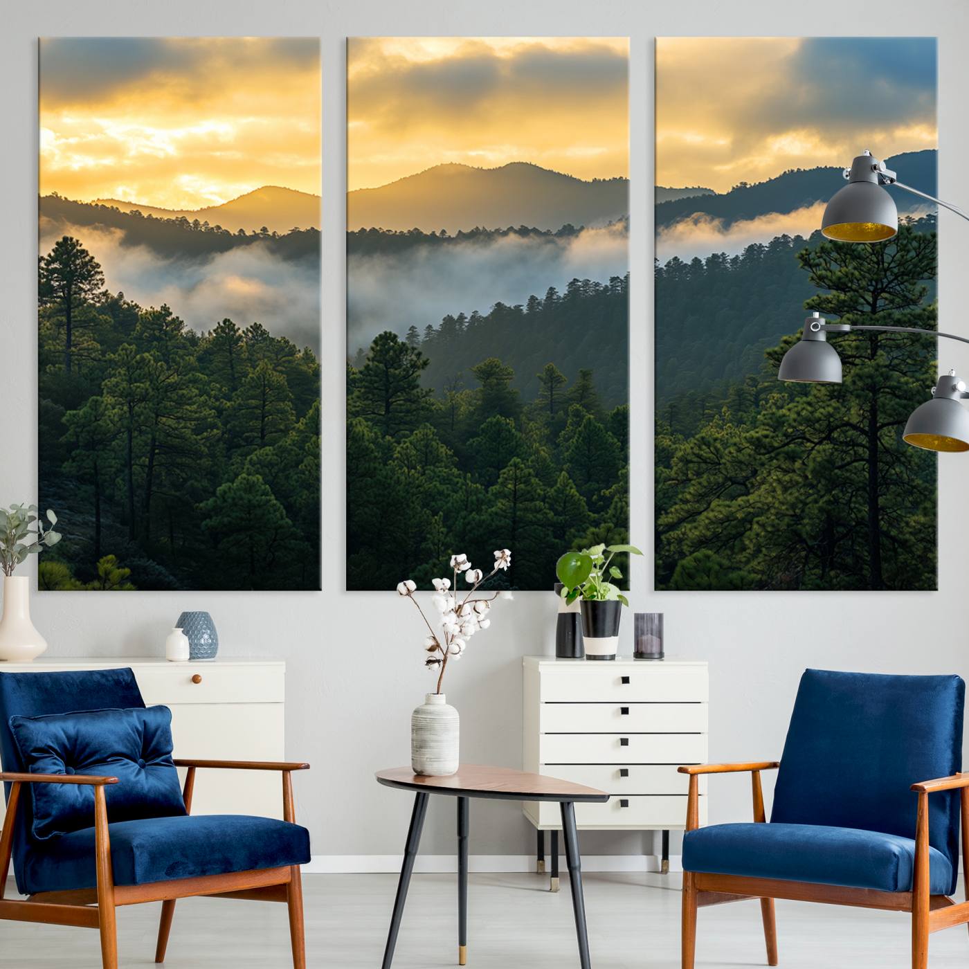 Canvas of misty pine-covered mountains at sunrise, featuring golden light and fog layers, ideal for tranquil earthy home decor.