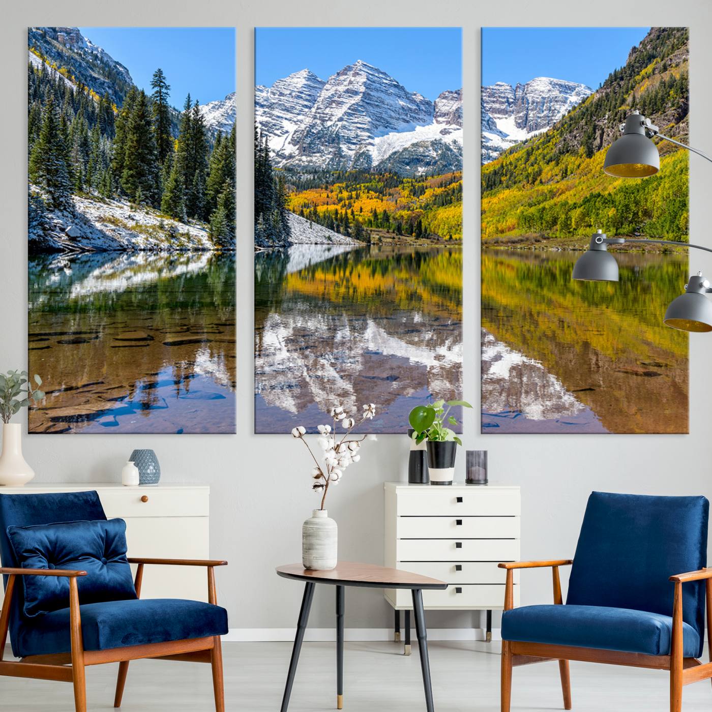 Canvas of Maroon Bells reflected in a clear alpine lake, with golden aspens and snowy peaks, ideal for crisp autumn or mountain-themed decor.