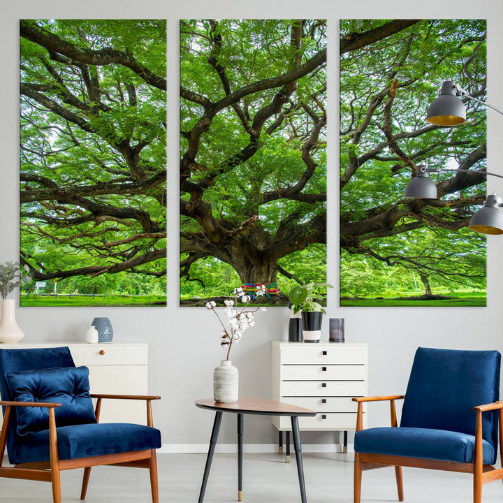 Framed Angel Oak Tree print featuring sprawling branches and ribbons against a clear sky backdrop, ideal for home or office decor.