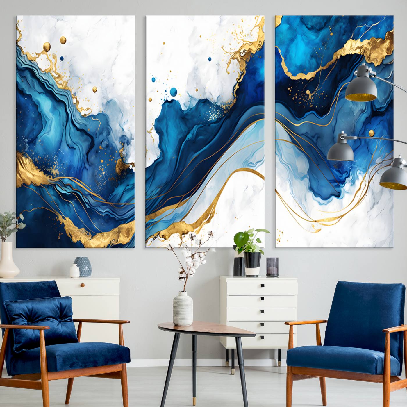 Elegant abstract canvas in cobalt blue and gold tones, featuring marble waves and fluid motion, ideal for luxe interior styling.
