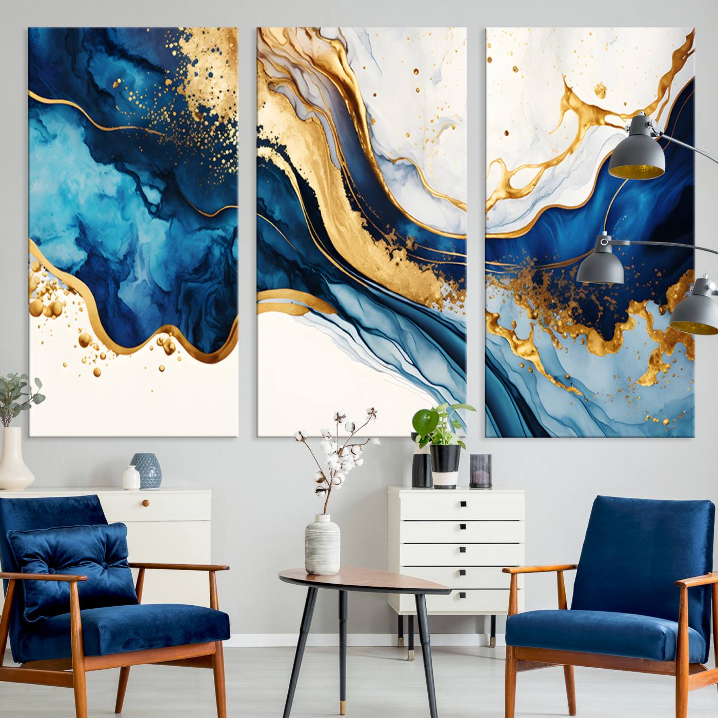 Canvas artwork with fluid blue and gold marbling, perfect for modern luxe or elegant abstract home decor styles.