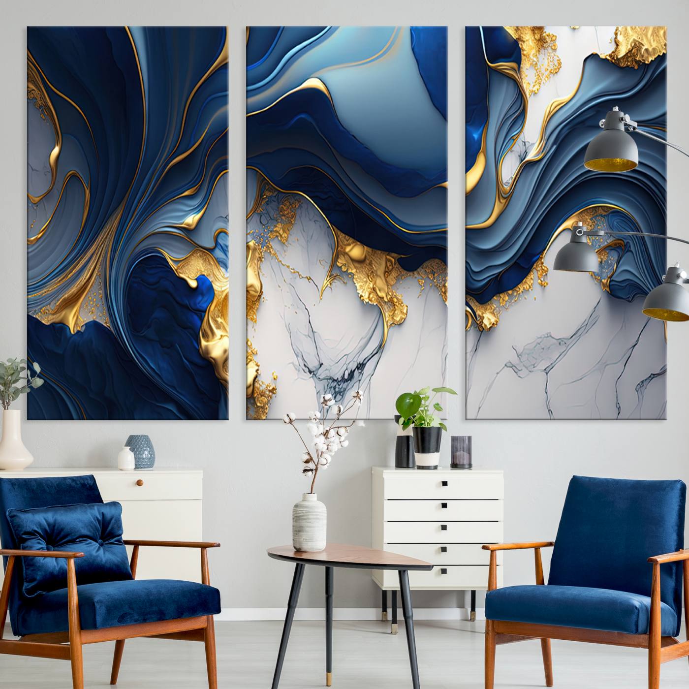 Canvas art with swirling blue marble and gold textures, ideal for elegant glam or modern luxury interior design settings.