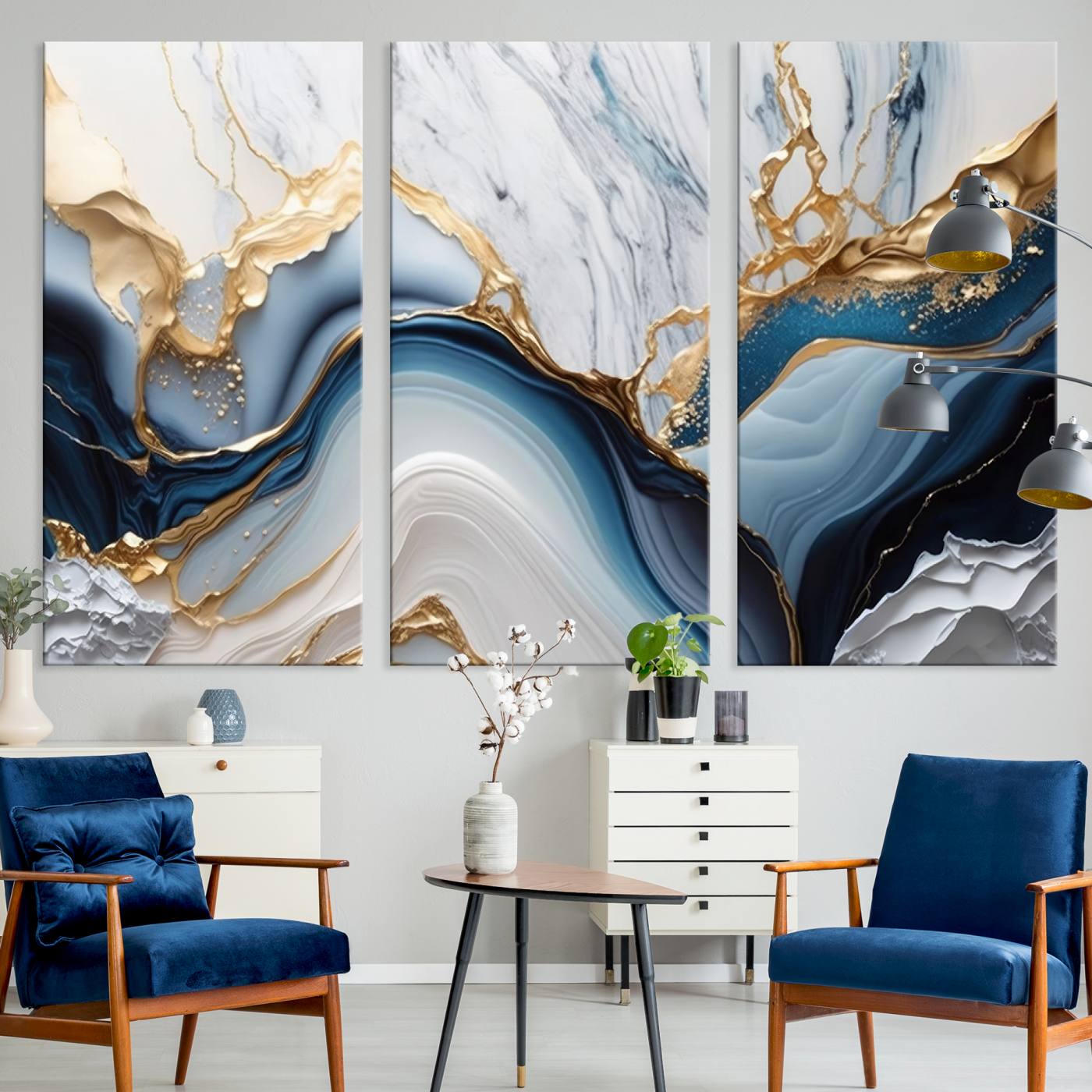 Abstract canvas with blue marble textures and flowing gold veins, ideal for modern luxury or coastal-inspired interior decor.