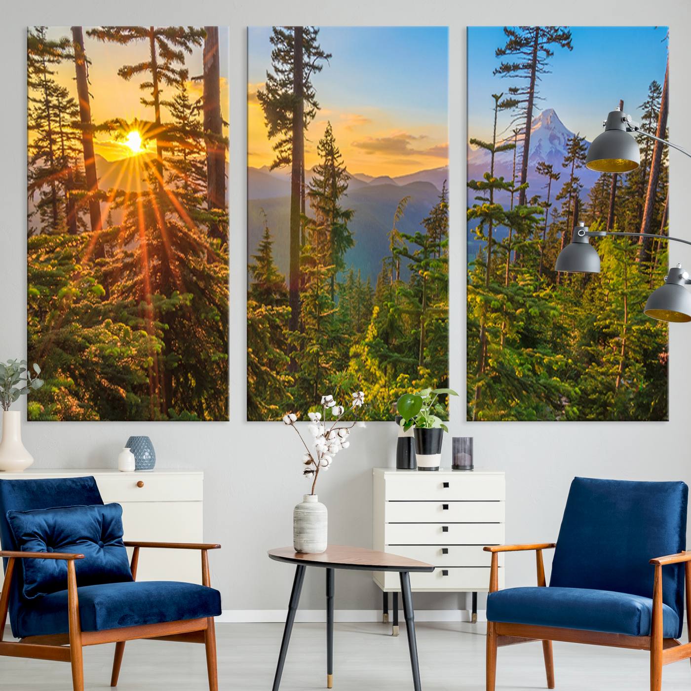 Colorful canvas of Mount Hood and Oregon forest at sunset, featuring sunburst light and lush pine trees for rustic nature decor.