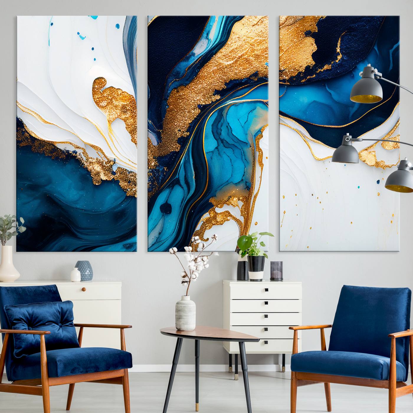 Luxurious abstract canvas in gold, navy, and teal tones with fluid marble patterns, perfect for modern glam or upscale interiors.