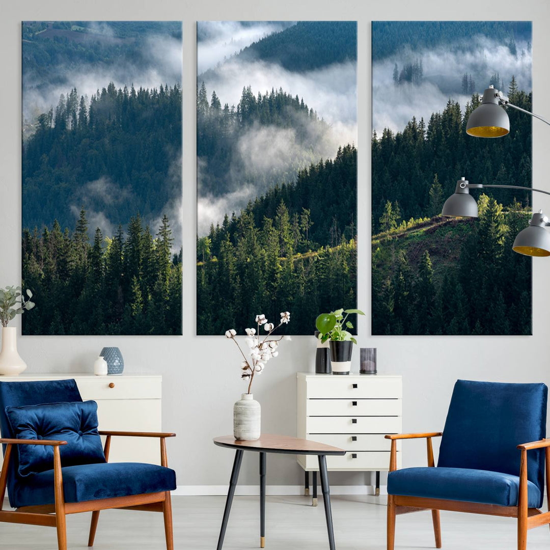 Moody canvas of misty pine forests over layered hills, perfect for cool-toned nature-inspired or woodland-style home decor.