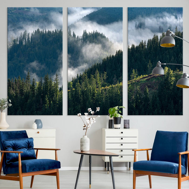 Moody canvas of misty pine forests over layered hills, perfect for cool-toned nature-inspired or woodland-style home decor.