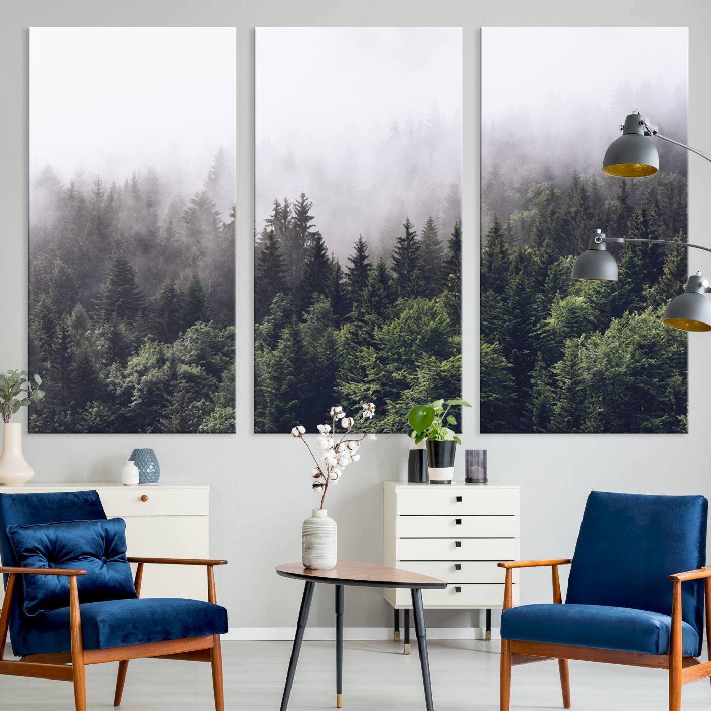 Canvas of dense misty forest in dark green tones, ideal for moody forest or atmospheric woodland-themed home decor.