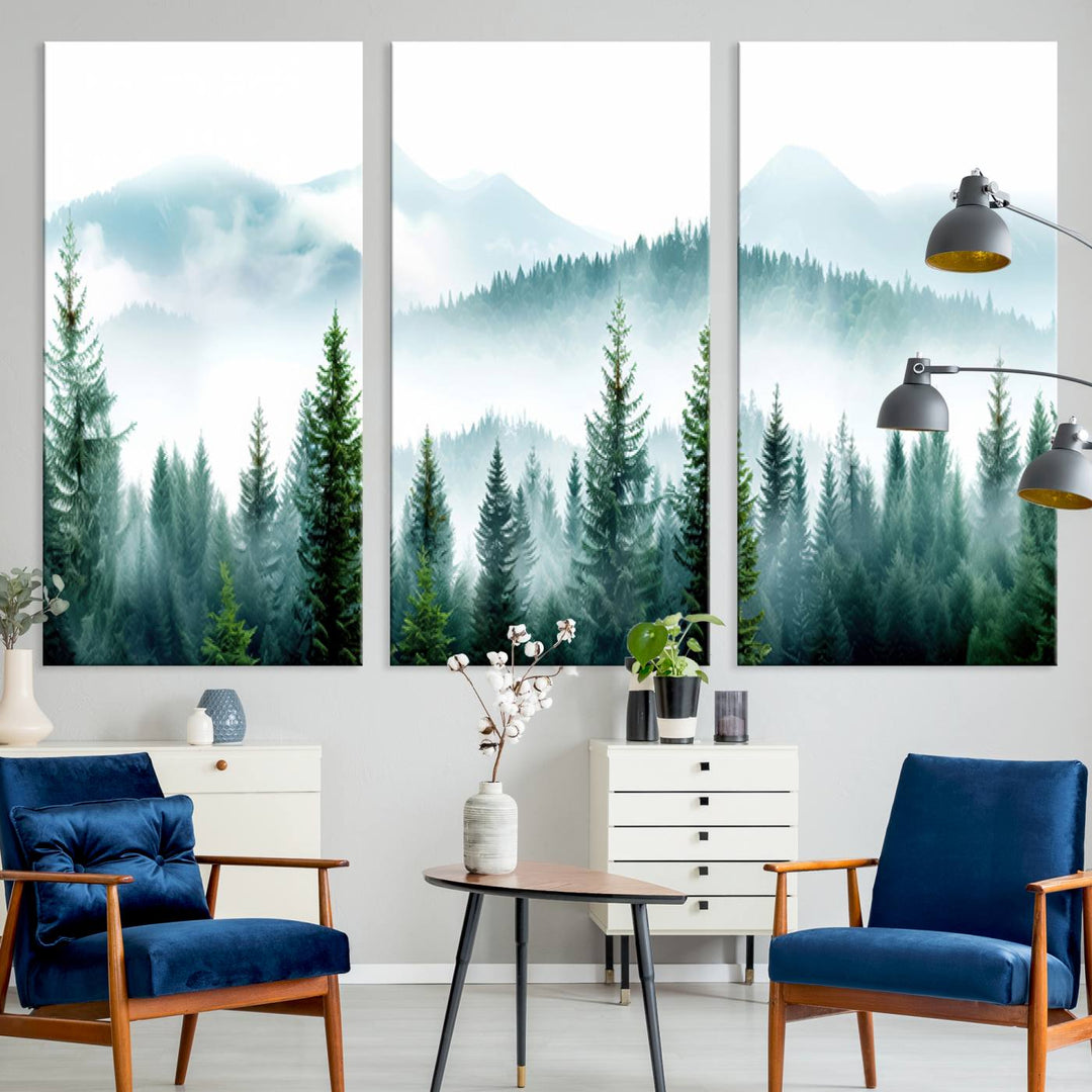 16716676-MGV-CV-36X24-Pine Forest Wall Art Canvas Print, Framed Misty Mountains Art Picture Print, Foggy Trees Perfect Moody Forest Decor Artwork