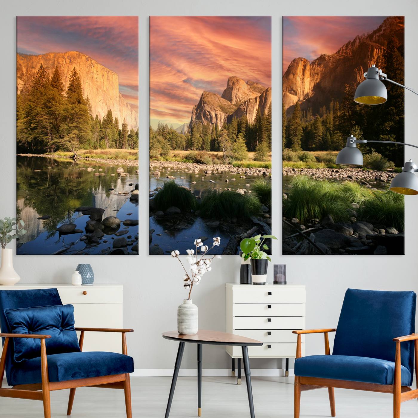Canvas of Yosemite Valley with El Capitan and sunset sky, featuring vibrant tones ideal for rustic or nature-inspired home decor.