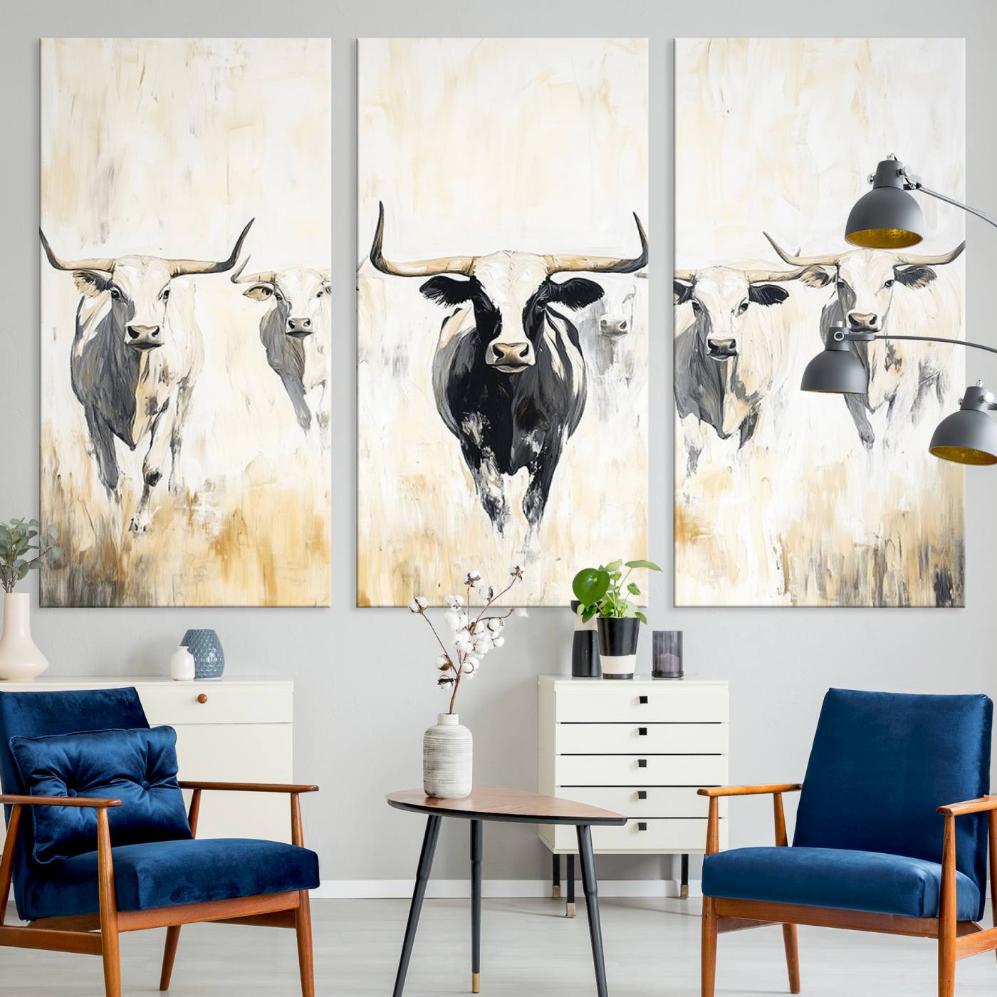 40397799-MGV-CV-36X24-Texas Longhorn Canvas Print, Framed Rustic Herd Art Picture Print, Western Bull Perfect Neutral Western Decor