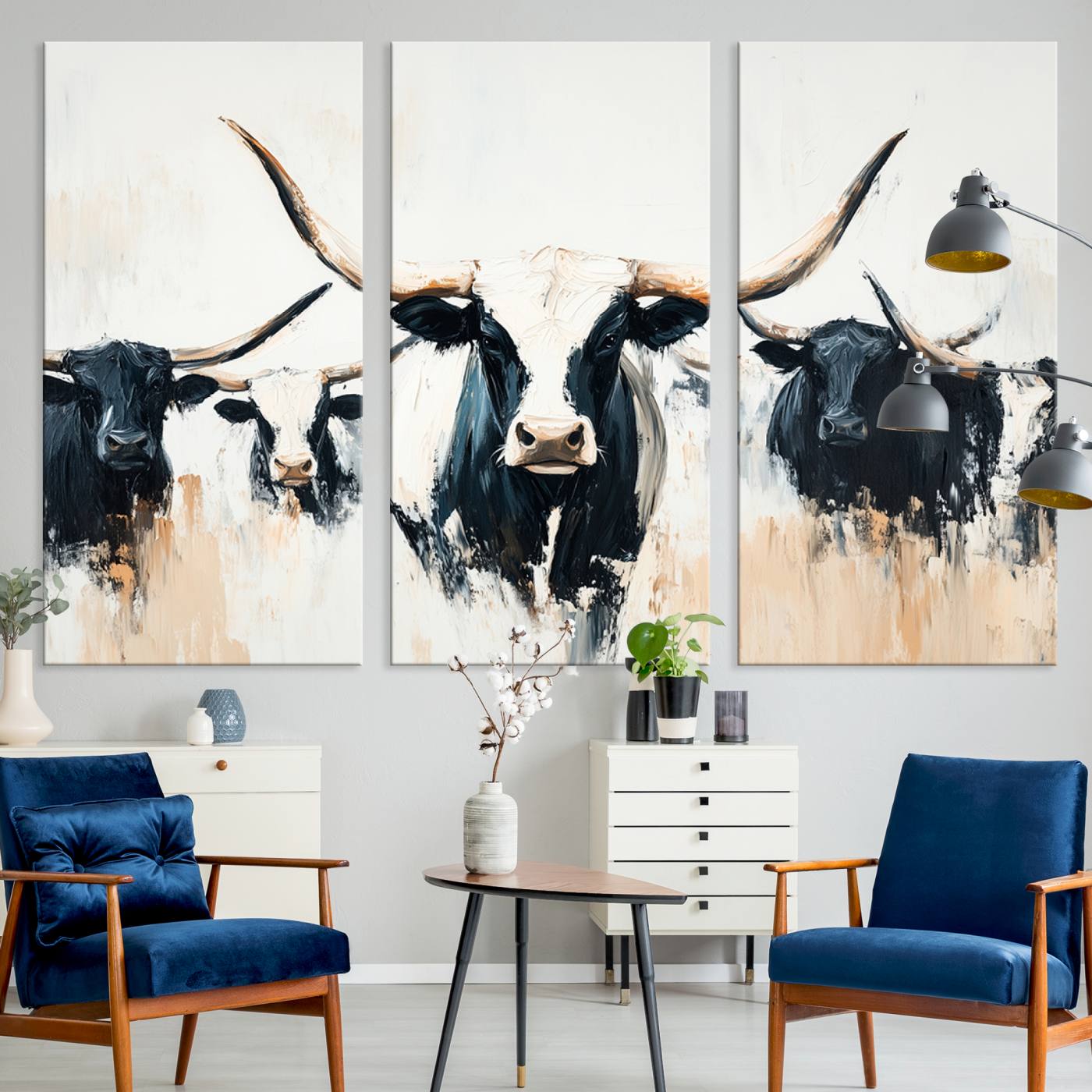 94780606-MGV-CV-36X24-Texas Longhorn Wall Art Canvas Print, Framed Western Cattle Art Picture Print, Horned Bull Perfect Rustic Western Decor, Western Cattle