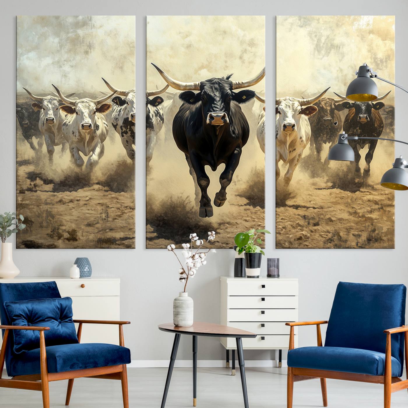 Dynamic canvas showing a Texas Longhorn stampede with earthy tones and bold movement, perfect for rustic or Western-style interiors.