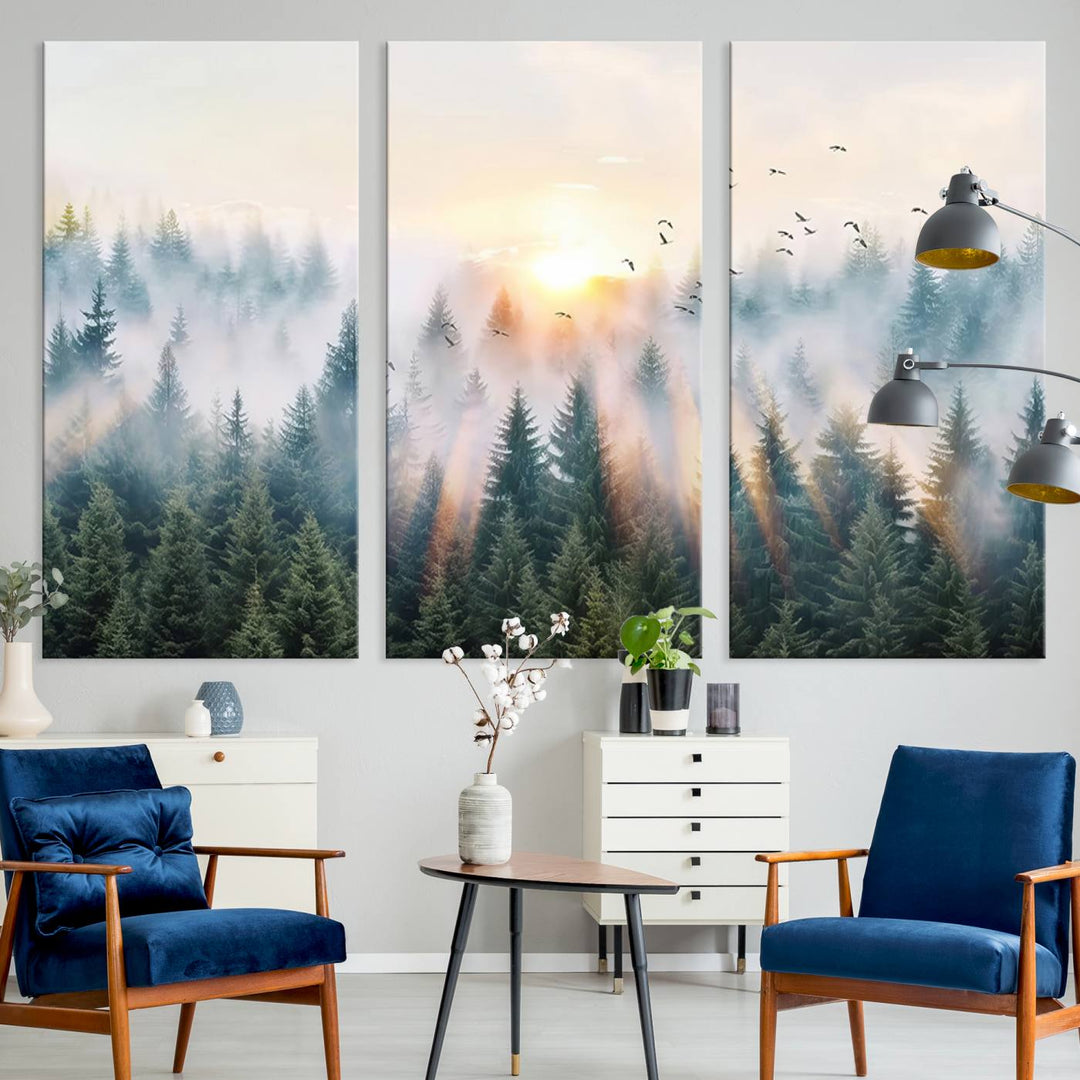 Misty Pine Forest Wall Art: A depiction of sunrise over foggy trees and birds against a bright sky; a framed woodland scene ideal for home or office decor.