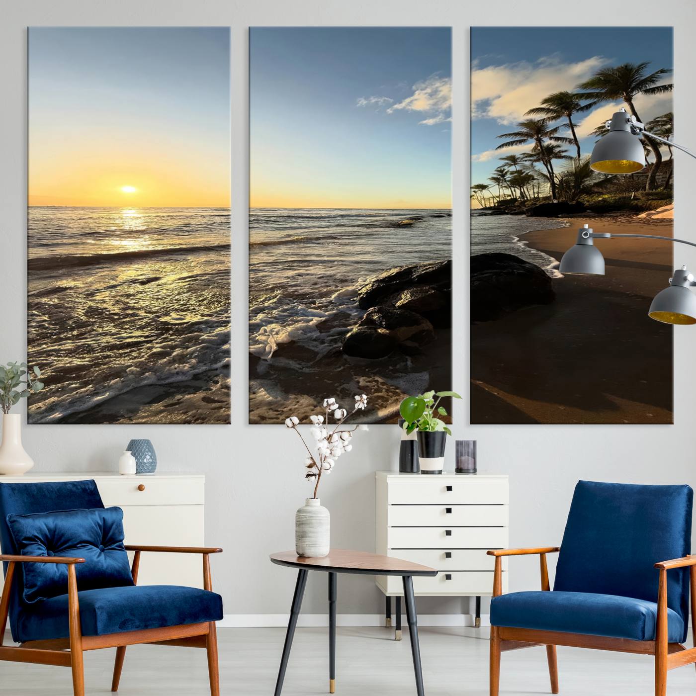 Canvas of a golden sunset on a tropical beach with palm trees and calm waves, perfect for coastal or island-themed home decor.
