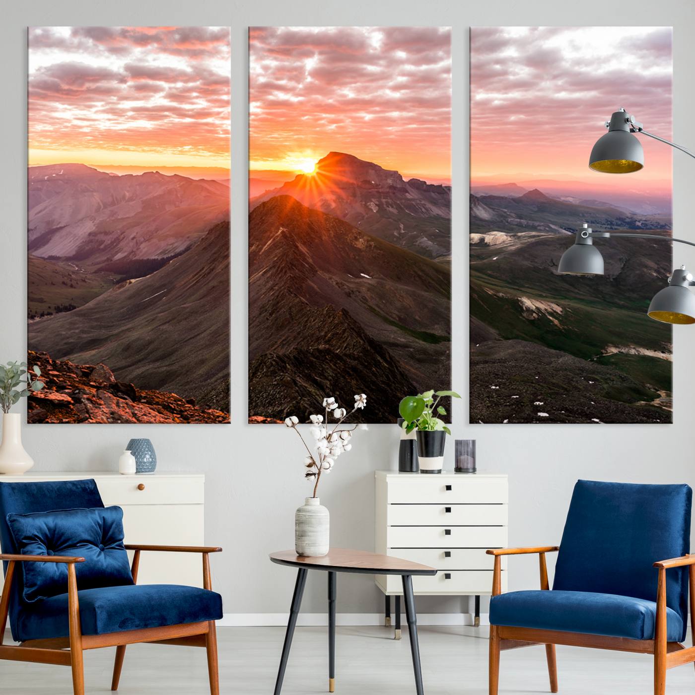 Canvas showing a mountain ridge at sunrise with golden light and dramatic clouds, perfect for nature or rustic-inspired wall decor.