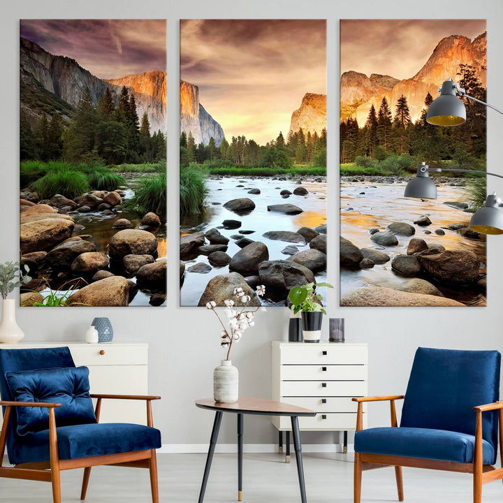 A tranquil riverside sunset mirrors the beauty of a Yosemite wall art masterpiece like the Large El Capitan Print.