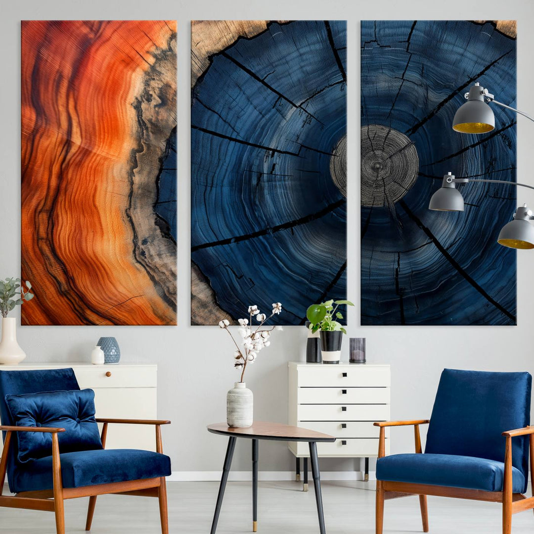 Abstract Tree Rings Canvas Print with vibrant colors—ideal farmhouse wall art for a woodland-themed home.