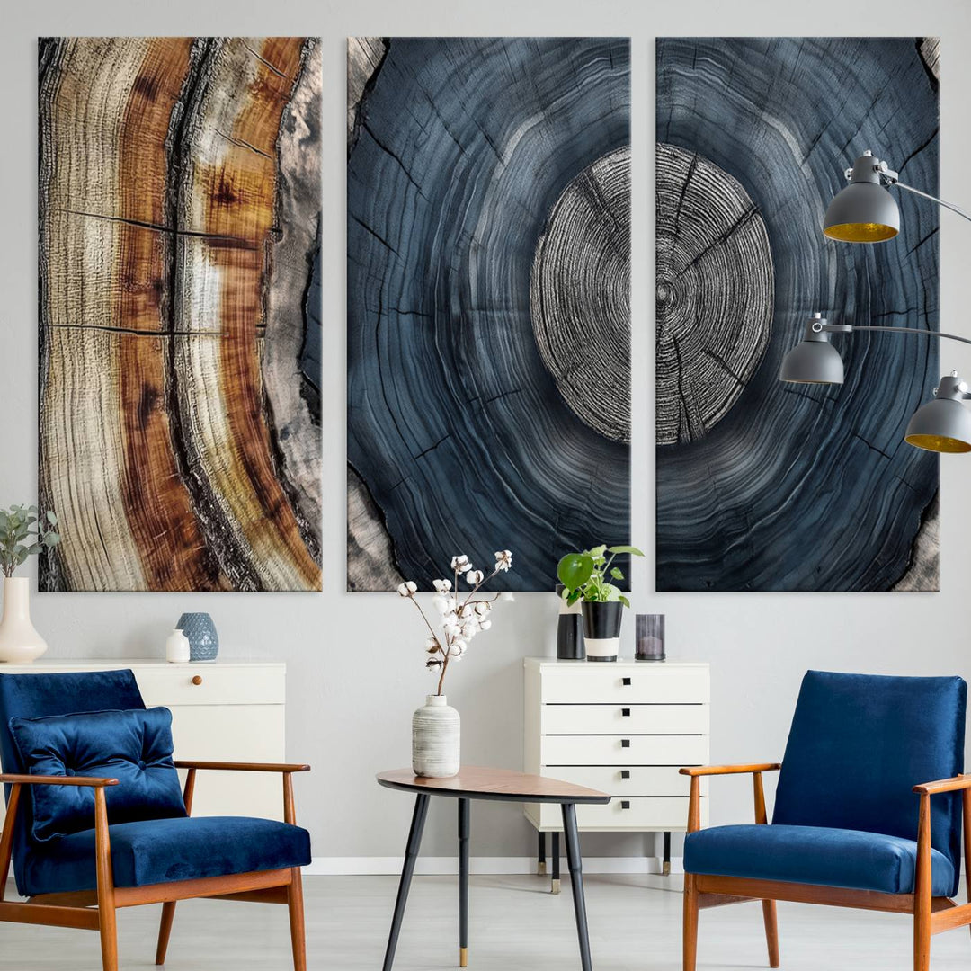 Close-up of the Abstract Tree Rings Wall Art Print featuring shades of blue, brown, and gray.