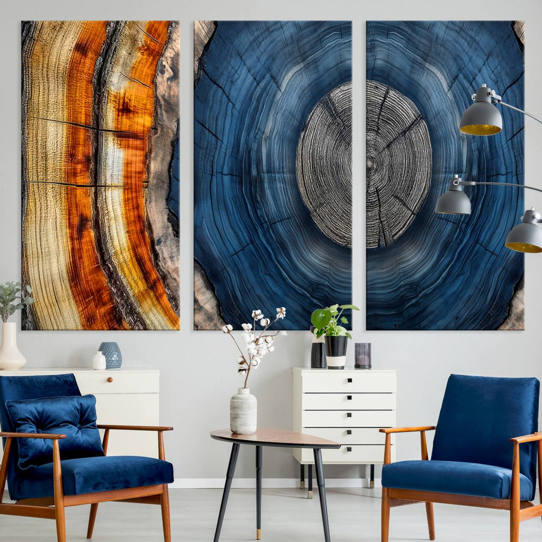 Vibrant Abstract Tree Rings in Orange, Brown, and Blue - Canvas Print for Nature Woodland Wall Decor.