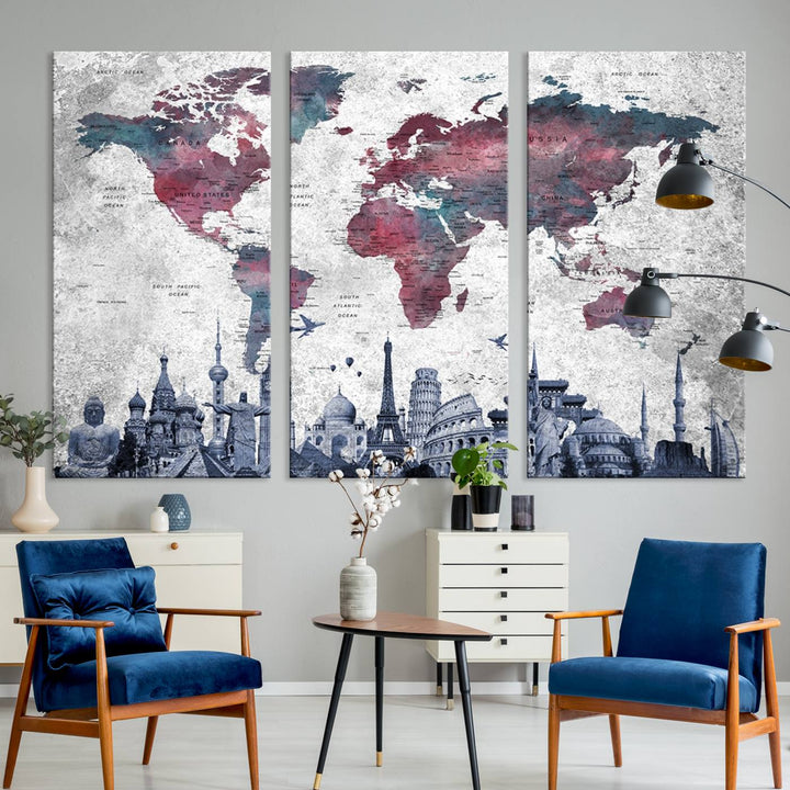 The dining room features a Blue Multipanel World Map Wall Art Canvas Print that adorns the wall, highlighting its neutral decor.