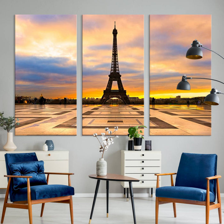 The "Paris Eiffel Tower Wall Art Canvas Prints" graces a wooden wall reminiscent of abstract expressionism.