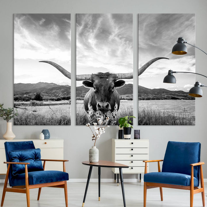 Modern living room featuring Longhorn Cow Wall Art Canvas Print.