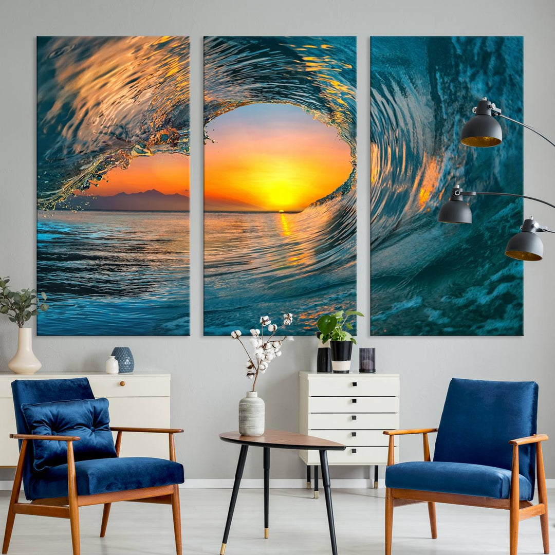 The Ocean Wave Sunset Wall Art canvas print features a vibrant ocean wave at sunset, forming a tunnel with silhouetted mountains.