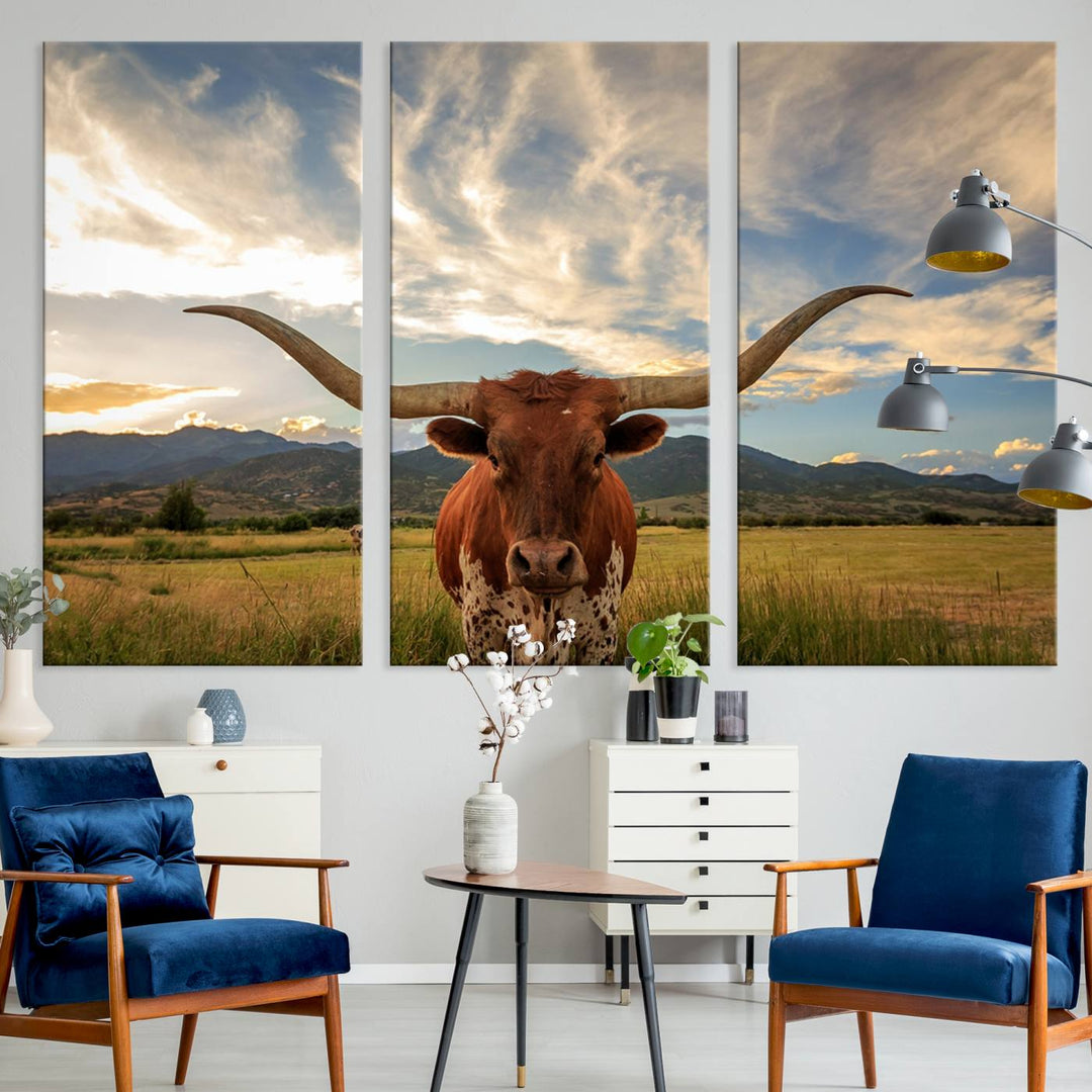 Texas Longhorn Canvas Wall Art – Majestic Triptych Animal Print – Rustic Western Decor for Living Room or Office – Ready to Hang