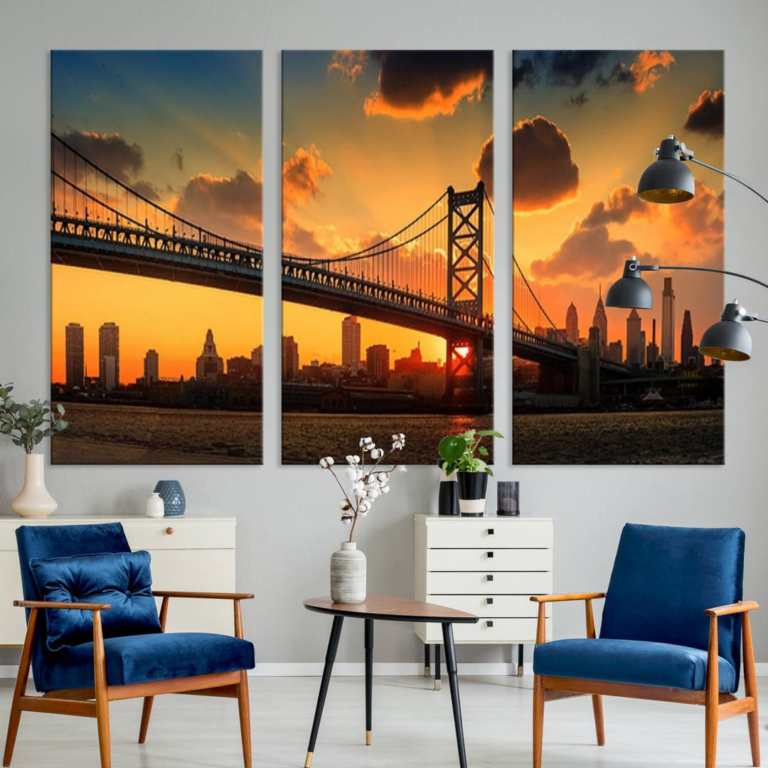 The Philadelphia Ben Franklin Bridge Wall Art Canvas Print radiates charm, embodying the beauty of premium canvas. This handmade-in-the-USA artwork captures attention with its distinct presence.