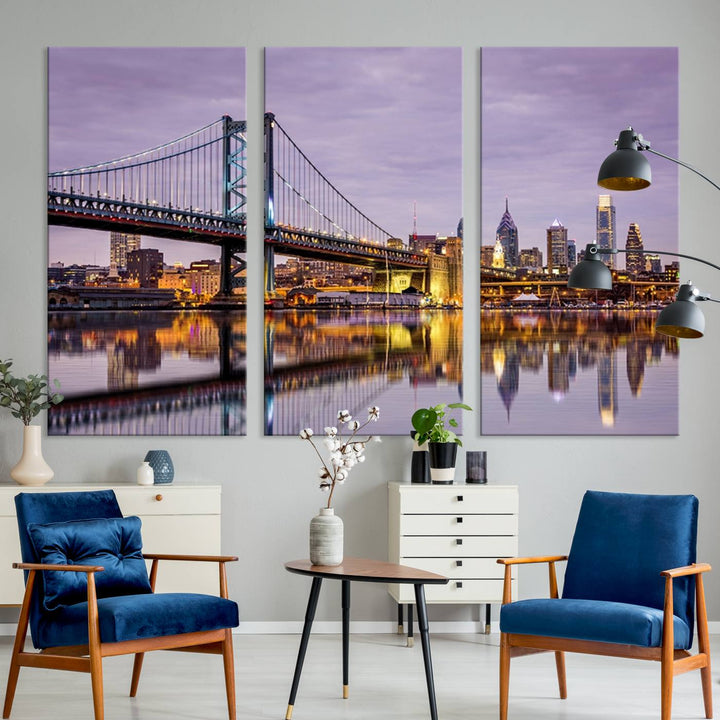 A woman holds the Philadelphia Ben Franklin Bridge Wall Art Canvas Print, a gallery-quality photo showcasing a city skyline with the bridge reflecting on the river. This stunning piece would make an excellent addition as premium canvas wall art for any home.