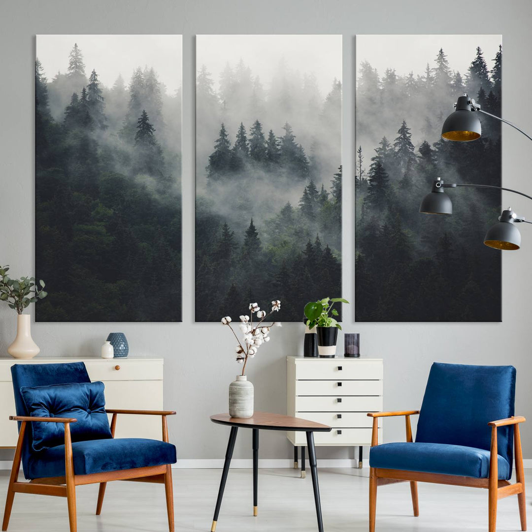 The Serene Triptych Print features tall evergreens, creating a mysterious and calming atmosphere.