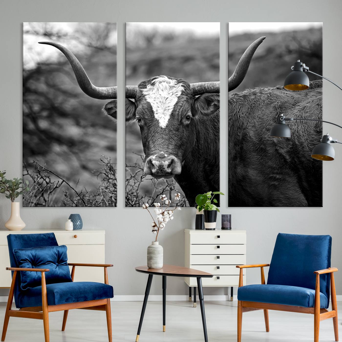 76200-MGV-CV-60X40-3P-Western Home Wall Art Canvas Print, Framed Texas Longhorn Art Picture Print, Rustic Cow Perfect Rustic Farmhouse Decor Artwork