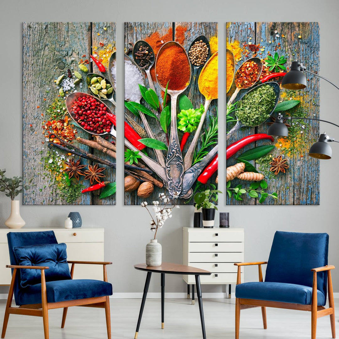 Vibrant Spoonful of Spices kitchen wall art canvas, a culinary triptych ideal for any dining room decor.