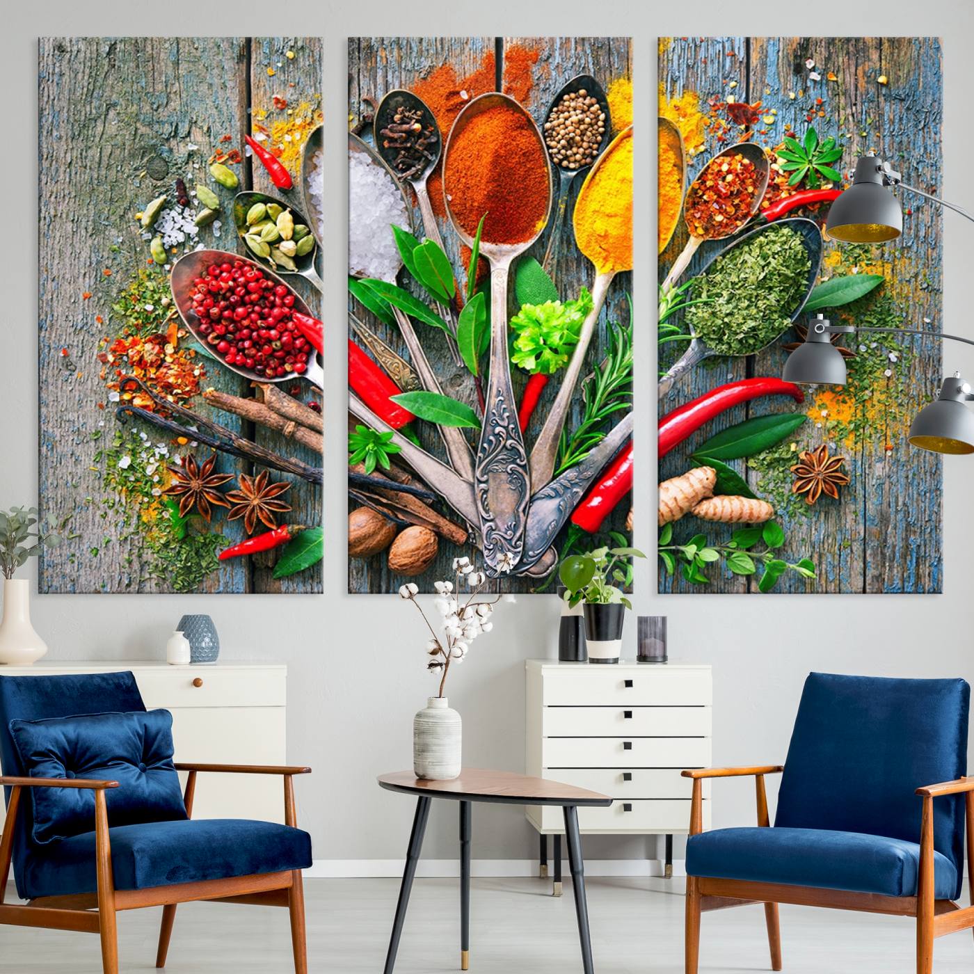 20619-MGV-CV-36X24-Spoonful of Spices Cooking Wall Art Canvas Print - Vibrant Kitchen Decor Triptych – Culinary Art Print for Dining Room or Kitchen – Ready to