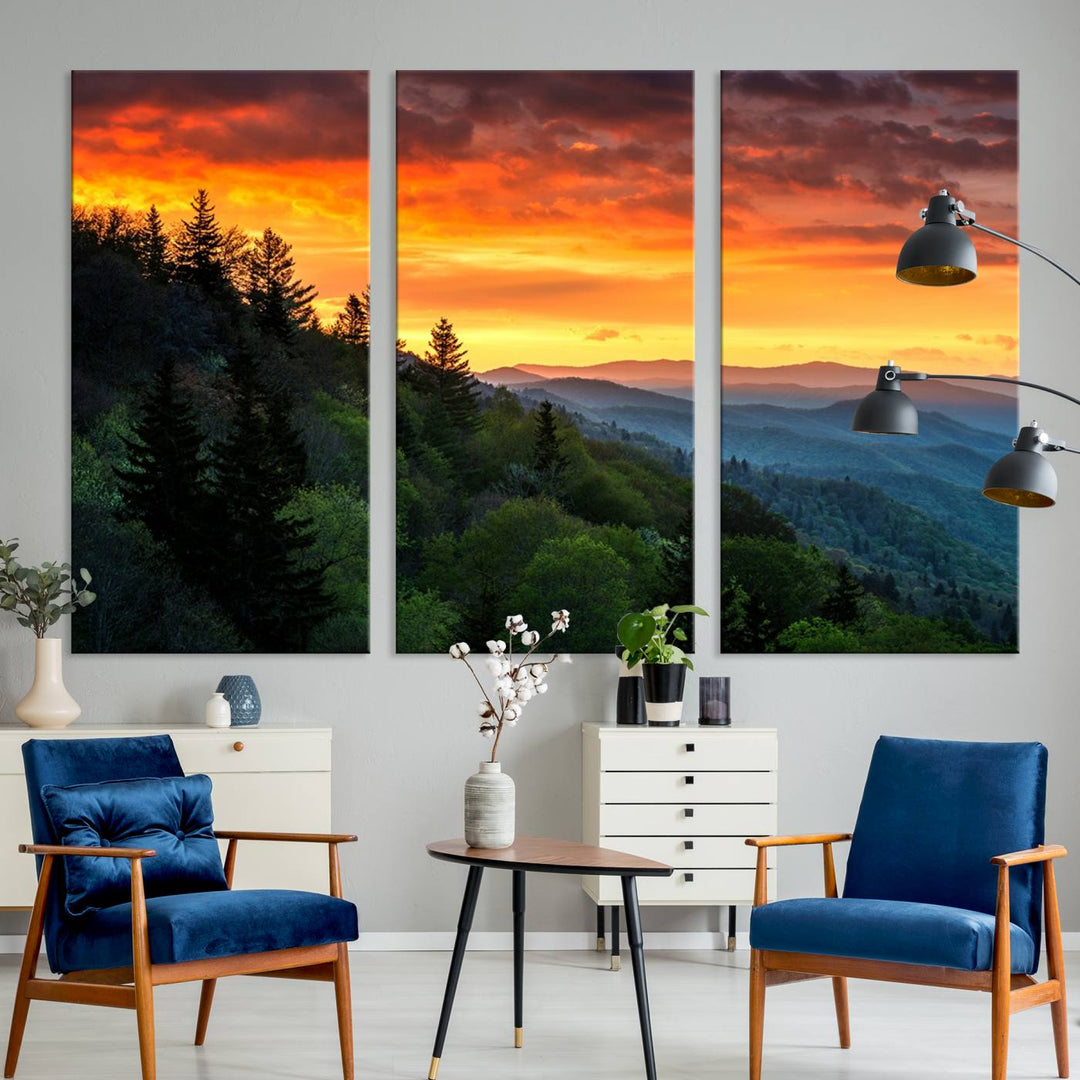 The Great Smoky Mountains Sunset Wall Art, a 3-panel print, beautifully captures natures beauty and is perfect for living room or office decor.