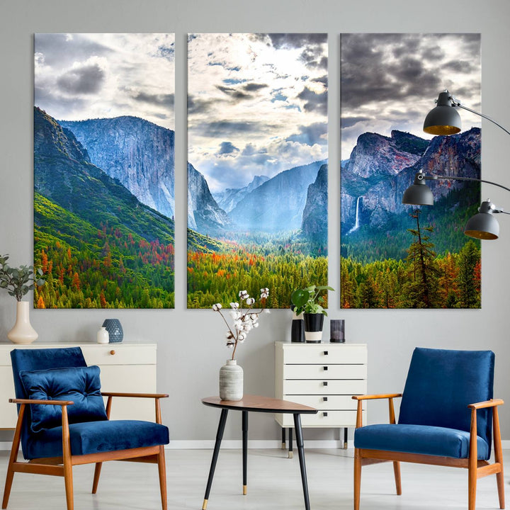 The Yosemite Park Half Dome 3 Panel Canvas Print beautifully captures the enchanting beauty of national parks with its vibrant mountain and forest scene. This large giclée landscape wall art is perfect for living rooms, offices, or bedrooms and comes ready to hang.