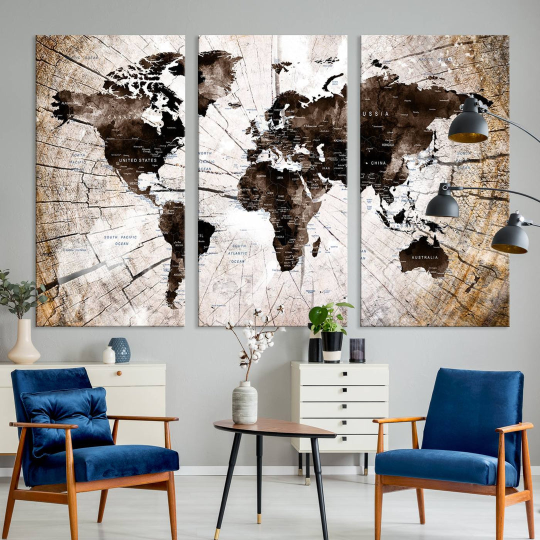 A Vintage World Map on Wood Style Canvas hangs prominently.