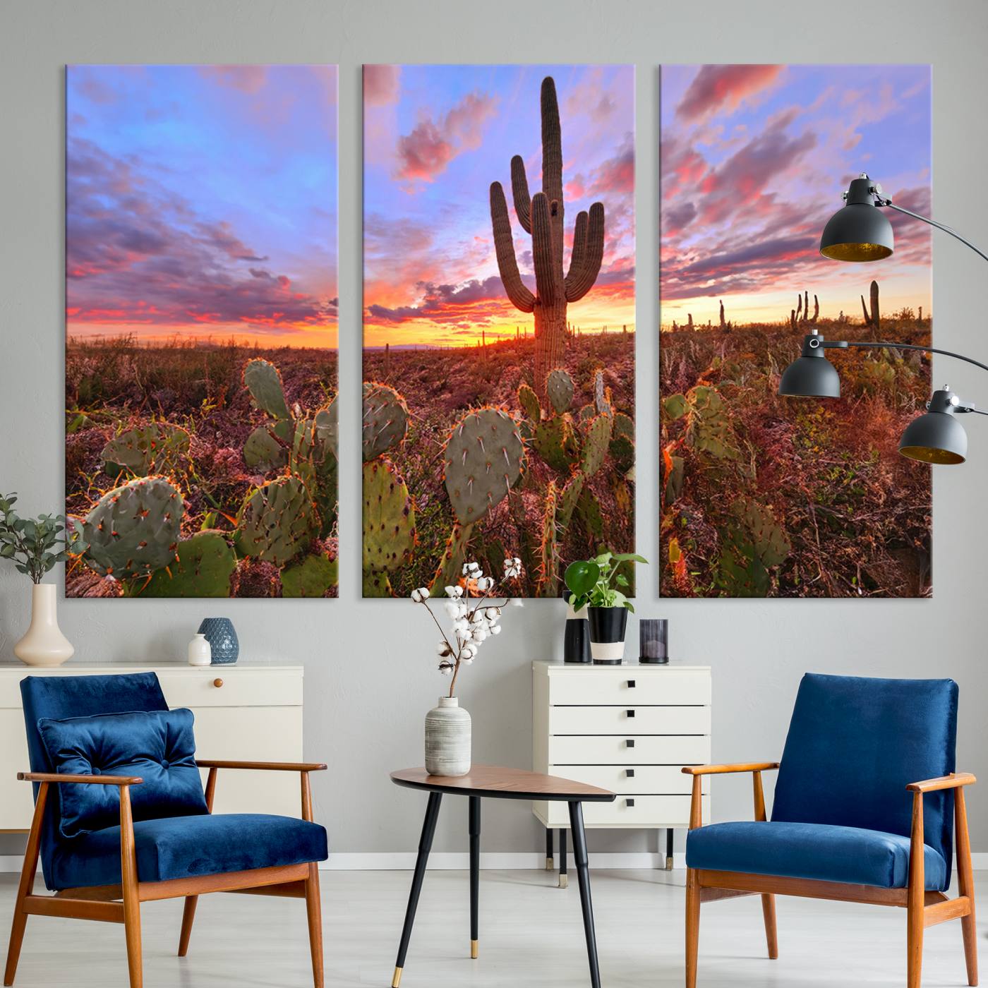 The Arizona Desert Sunset Wall Art Canvas Print hangs prominently.