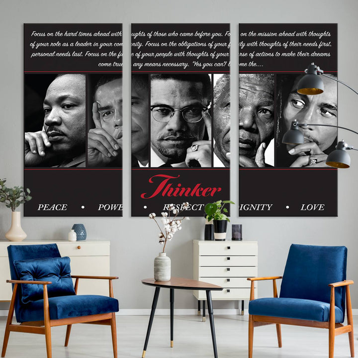 The wall art is a black and white piece featuring iconic figures accompanied by the words Thinker Peace Power Respect Dignity.