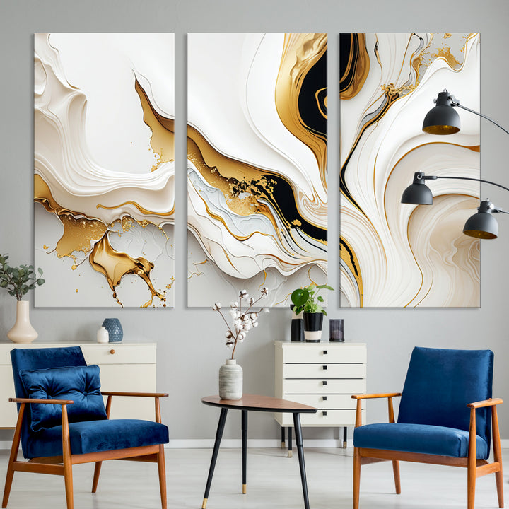 Modern interiors showcase Gold Waves on Pure White Canvas.