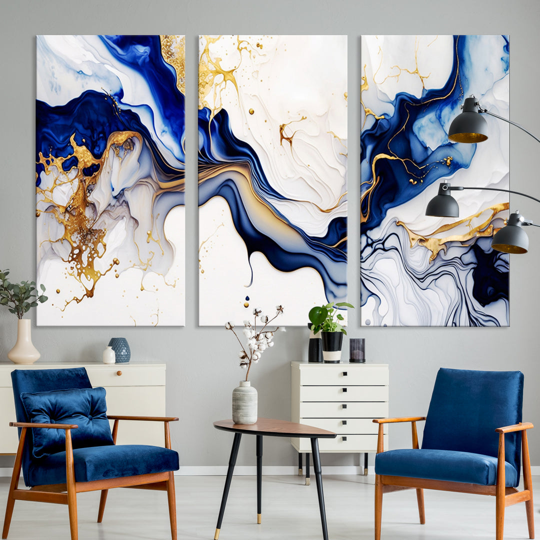 Golden Cascades on Midnight Blue – Abstract Flowing Elegance | Wall Art Canvas, Framed & Ready to Hang