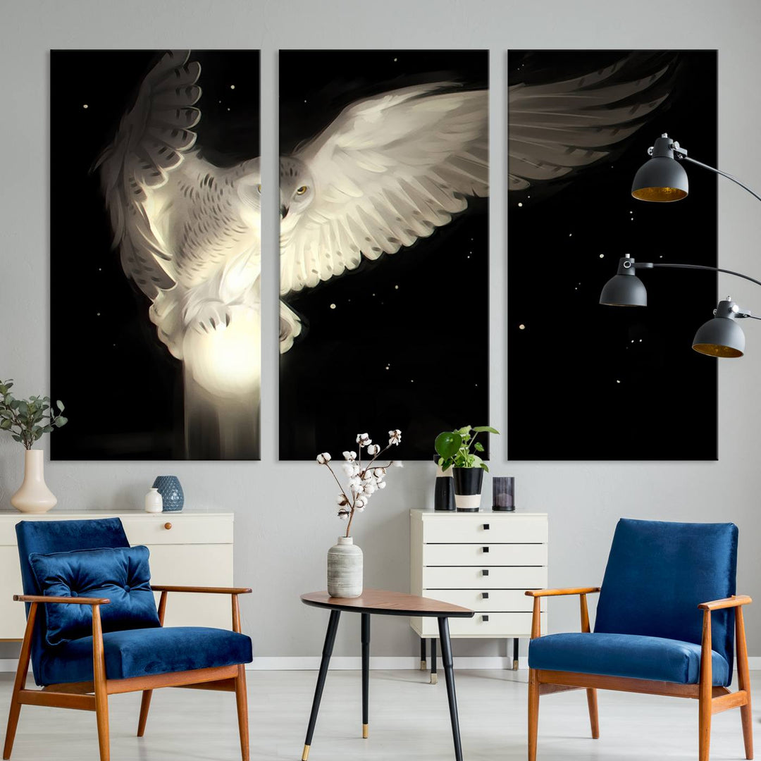 The Night Owl Art graces the wall with its depiction of a snowy owl on a glowing orb, perfect for modern decor.