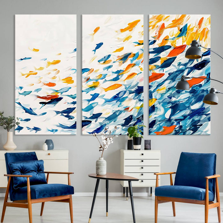 A colorful Abstract Fish Shoal Canvas Print hangs on the wall.