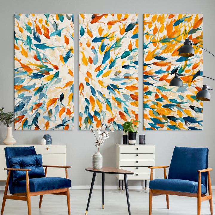 Abstract Fish Shoal Wall Art Canvas Print, Colorful Fish Herd Painting on Canvas Print, Ocean Animal Artwork, Ready to Hang