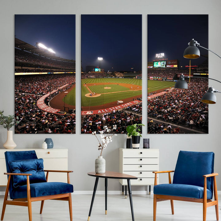 Aerial view of an LA Angels game at night, captured as stunning wall art on premium canvas, handmade in the USA.