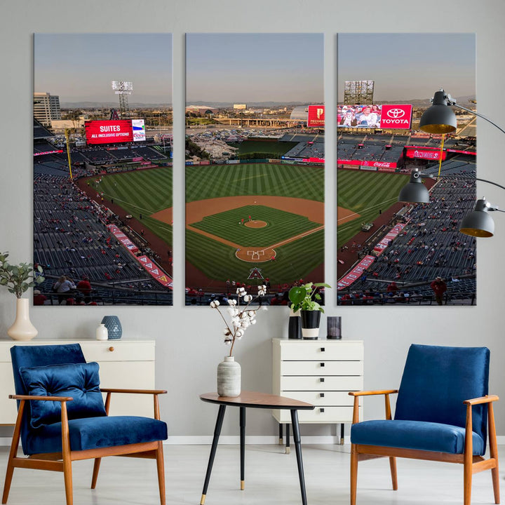 Aerial view of Angel Stadium, perfect as gallery-quality wall art - Los Angeles Angels Canvas Print.